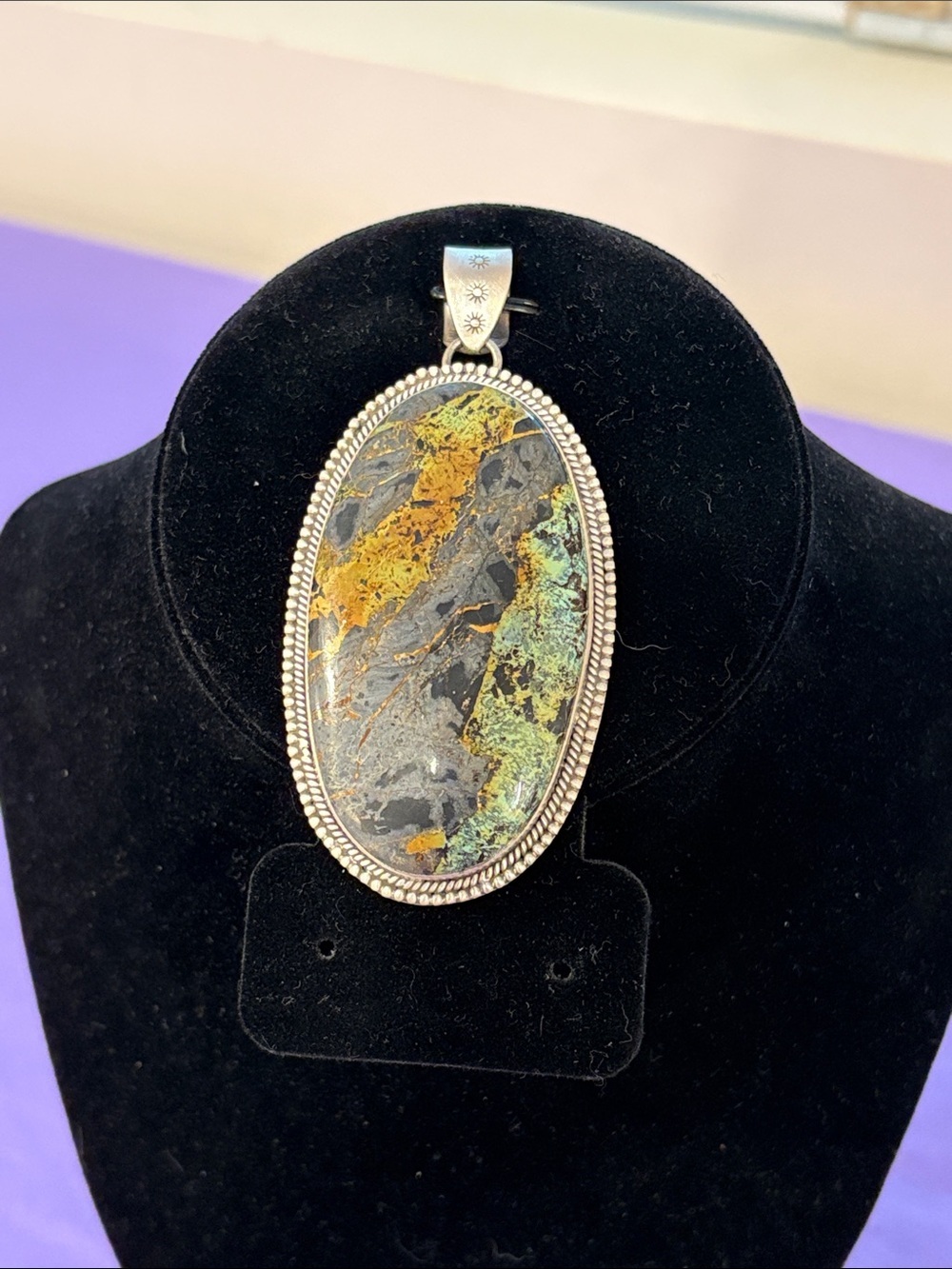 Blackjack Turquoise Stone in Sterling Silver Pendant One of a Kind. Native Made